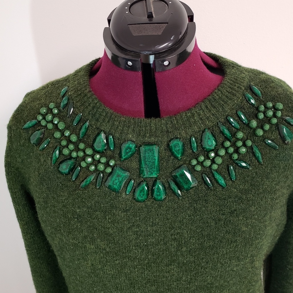 H&M Green sweater with jeweled neckline
